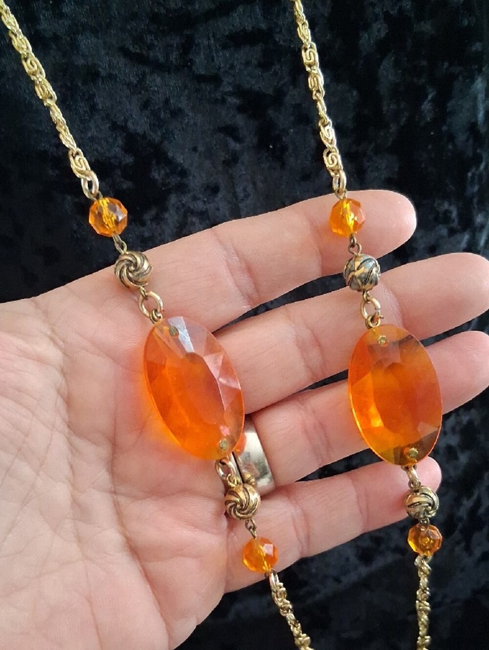 Vintage Gold and Orange Faceted Bead Long Necklace with Earrings - Picture 7 of 11